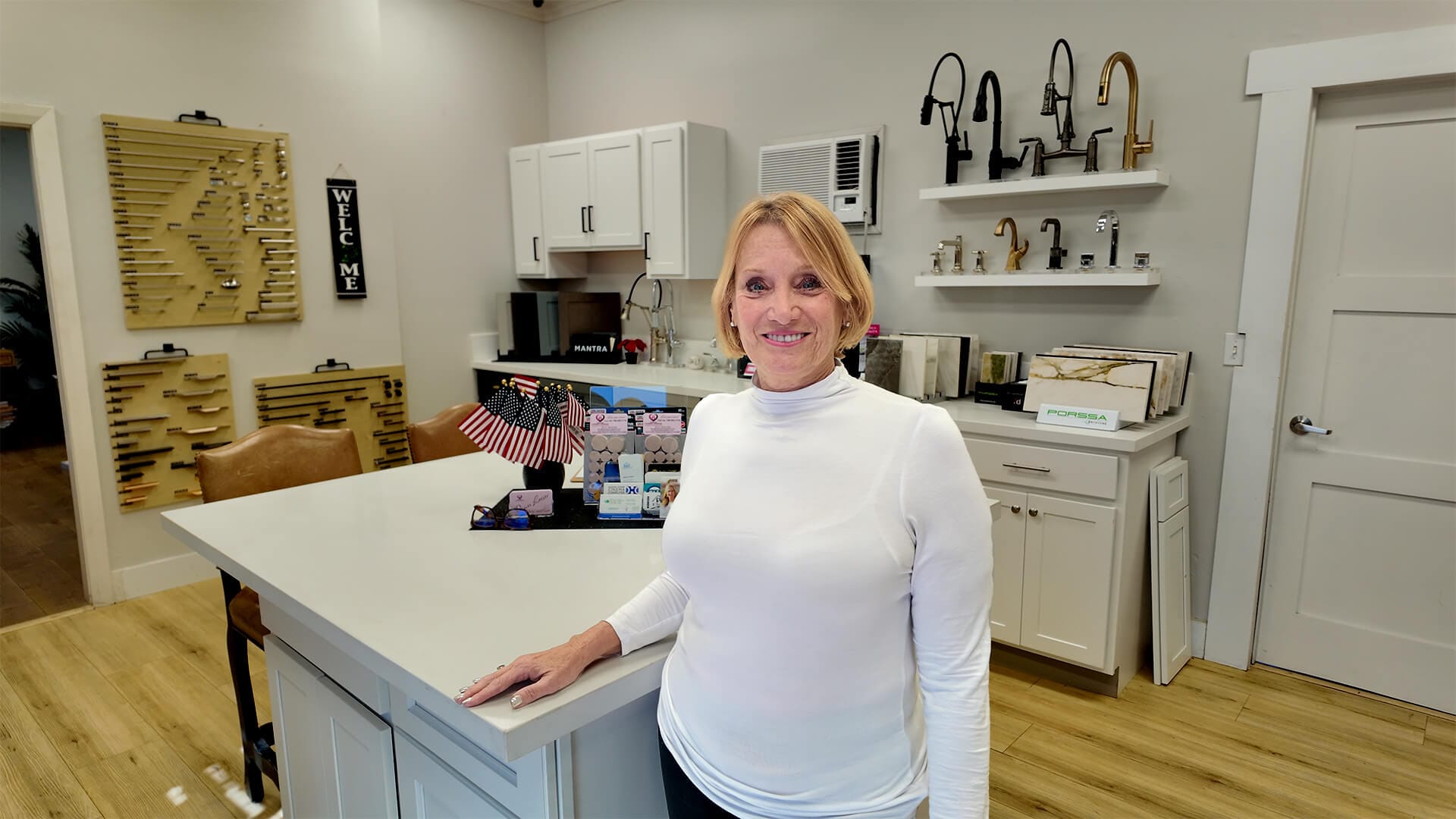 Dawn Leeser, owner of Freedom Flooring & Interiors, in the San Marcos cabinet showroom